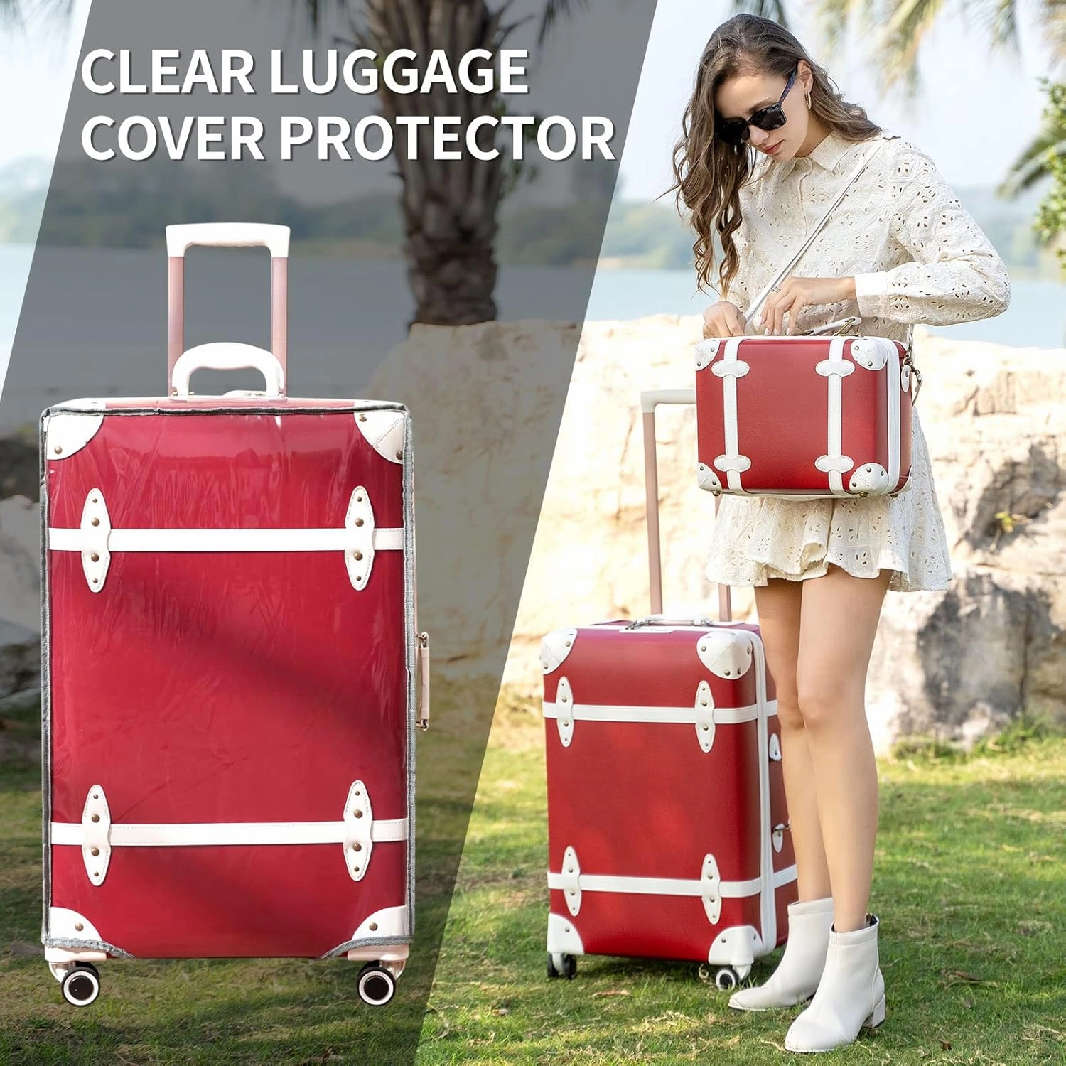 NZBZ Vintage Luggage Sets of 2, Vintage Suitcase Set for Women and Men, Cute Retro Luggage Sets Vintage Handmade Zipper Retro Trunk Luggage (Cherry red, 14inch & 28inch)