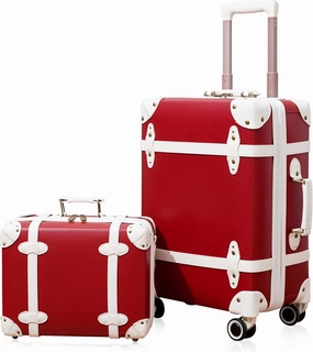 NZBZ Vintage Luggage Sets of 2, Vintage Suitcase Set for Women and Men, Cute Retro Luggage Sets Vintage Handmade Zipper Retro Trunk Luggage (Cherry red, 14inch & 28inch)