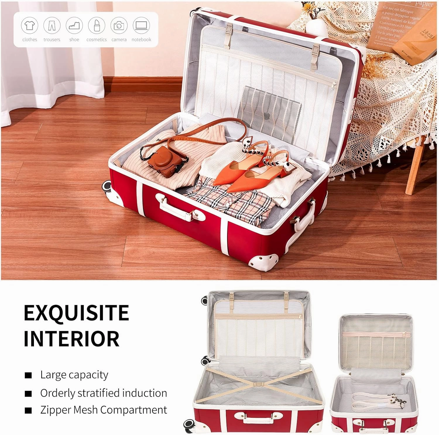 NZBZ Vintage Luggage Sets of 2, Vintage Suitcase Set for Women and Men, Cute Retro Luggage Sets Vintage Handmade Zipper Retro Trunk Luggage (Cherry red, 14inch & 28inch)