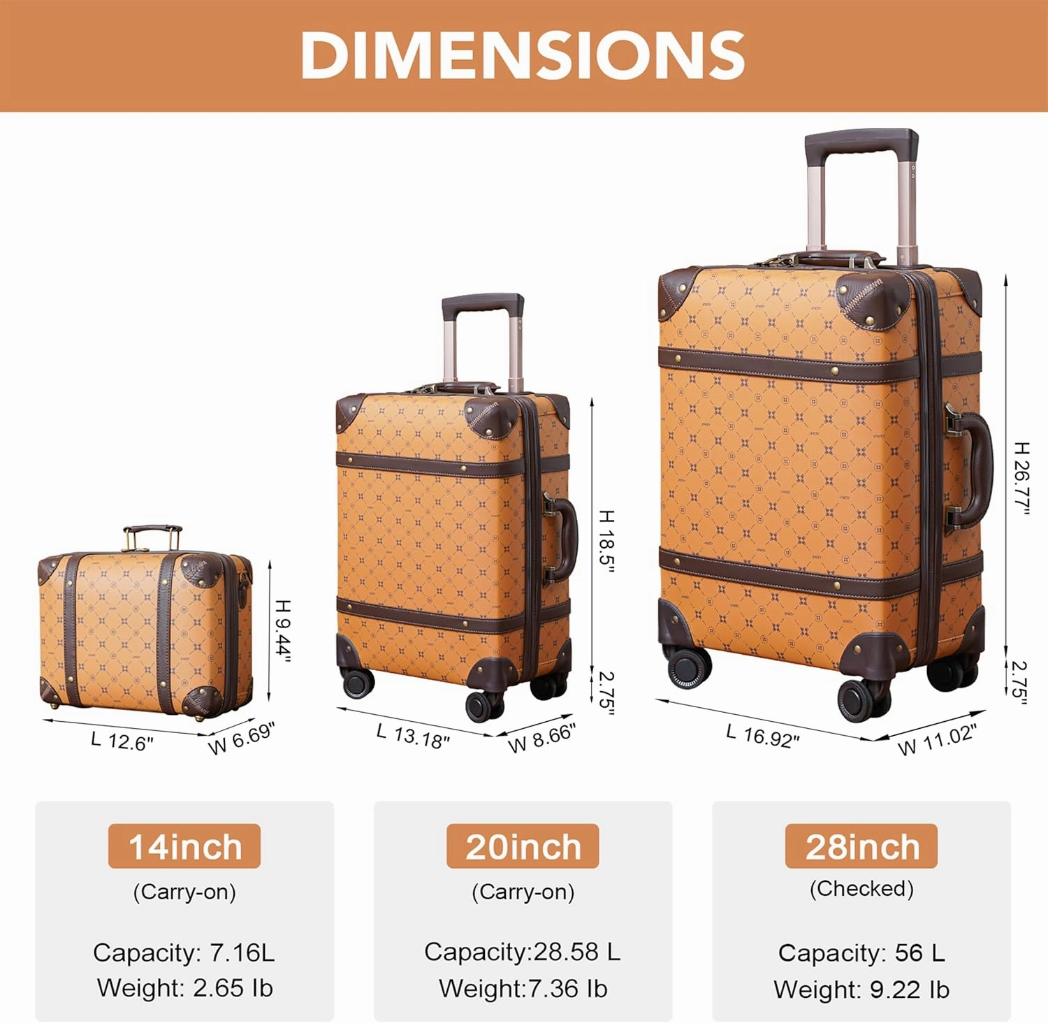 NZBZ Vintage Luggage Sets of 2, Vintage Suitcase Set for Women and Men, Cute Retro Luggage Sets Vintage Handmade Zipper Retro Trunk Luggage (Orange Brown, 14inch & 28inch)