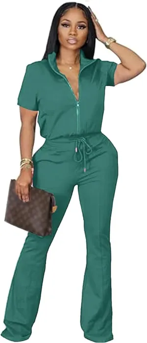 OCEANLUX Women's Lounge Tracksuit Set Two Piece Full Zip Up Short Sleeve Jacket & Drawstring pants Outfits