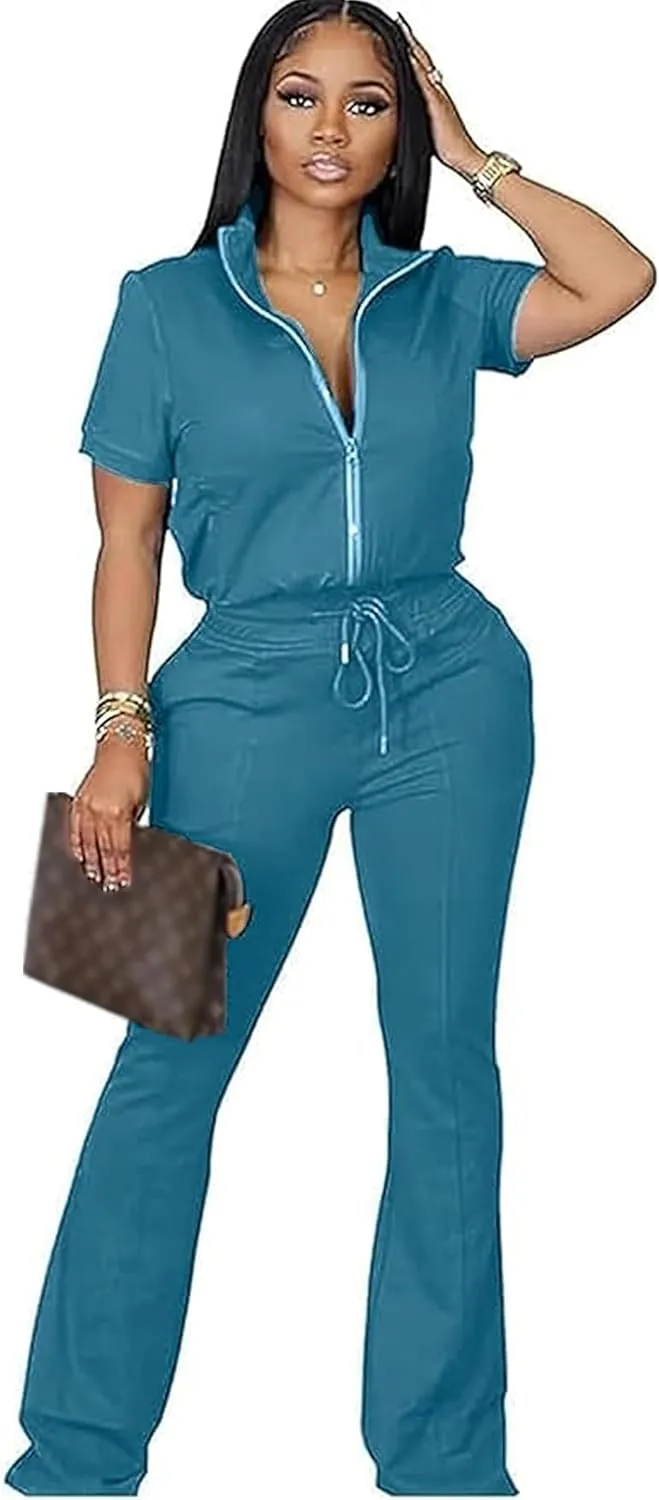 OCEANLUX Women's Lounge Tracksuit Set Two Piece Full Zip Up Short Sleeve Jacket & Drawstring pants Outfits