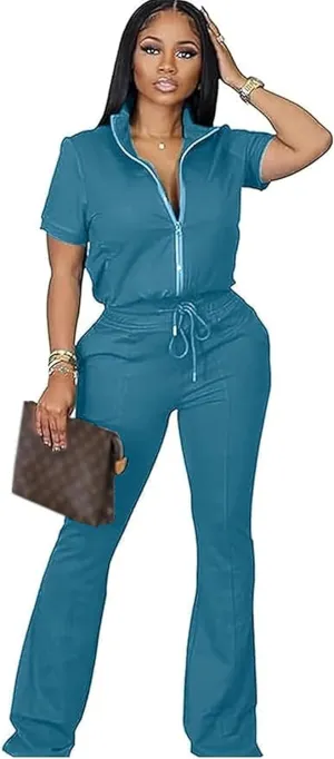 OCEANLUX Women's Lounge Tracksuit Set Two Piece Full Zip Up Short Sleeve Jacket & Drawstring pants Outfits