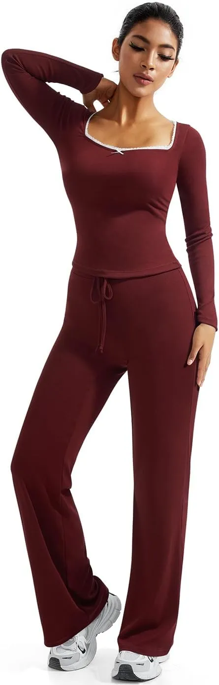 OMKAGI Womens Lounge Set Lace Square Neck Long Sleeve Tops Wide Leg Pants 2 Piece Outfits