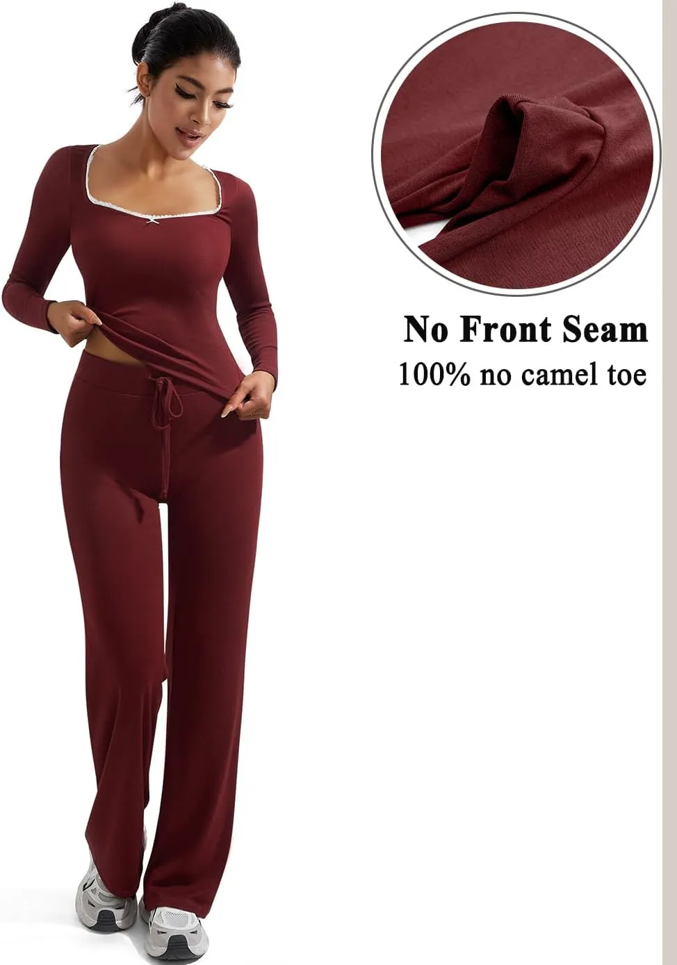 OMKAGI Womens Lounge Set Lace Square Neck Long Sleeve Tops Wide Leg Pants 2 Piece Outfits