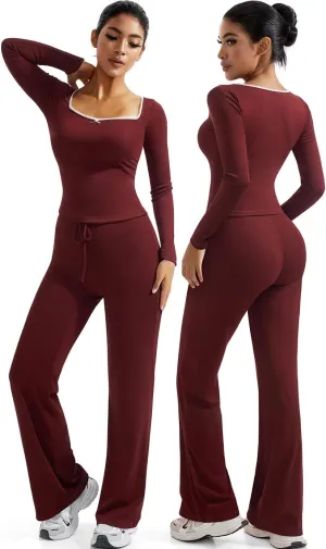 OMKAGI Womens Lounge Set Lace Square Neck Long Sleeve Tops Wide Leg Pants 2 Piece Outfits