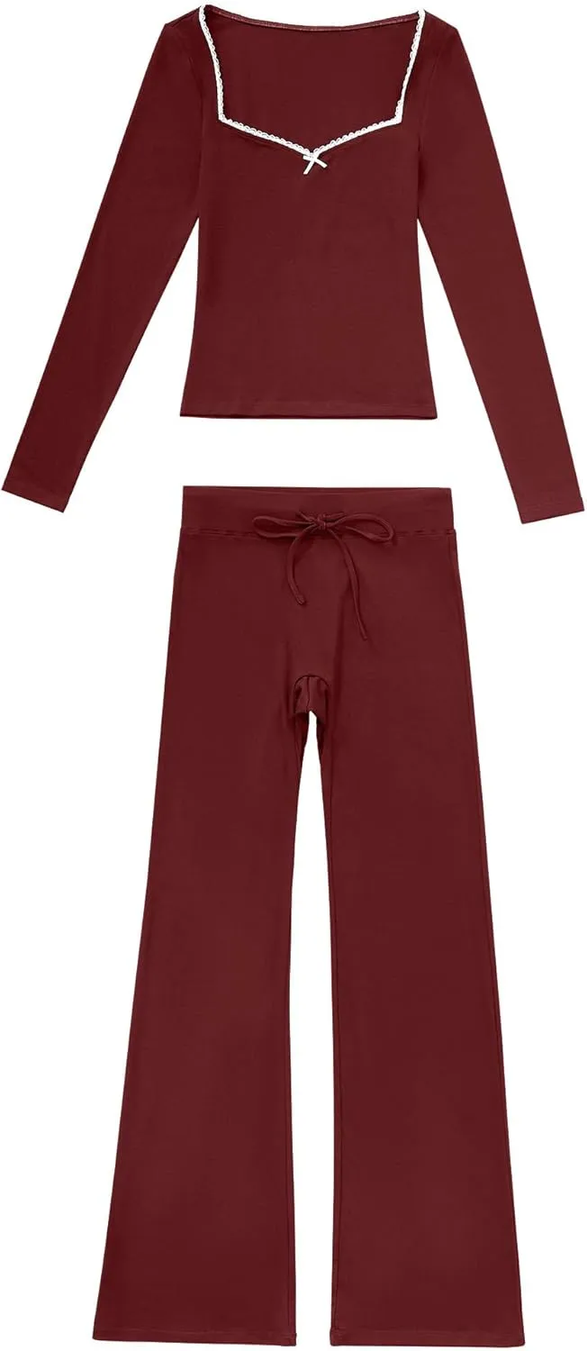 OMKAGI Womens Lounge Set Lace Square Neck Long Sleeve Tops Wide Leg Pants 2 Piece Outfits
