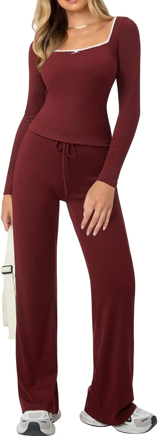 OMKAGI Womens Lounge Set Lace Square Neck Long Sleeve Tops Wide Leg Pants 2 Piece Outfits