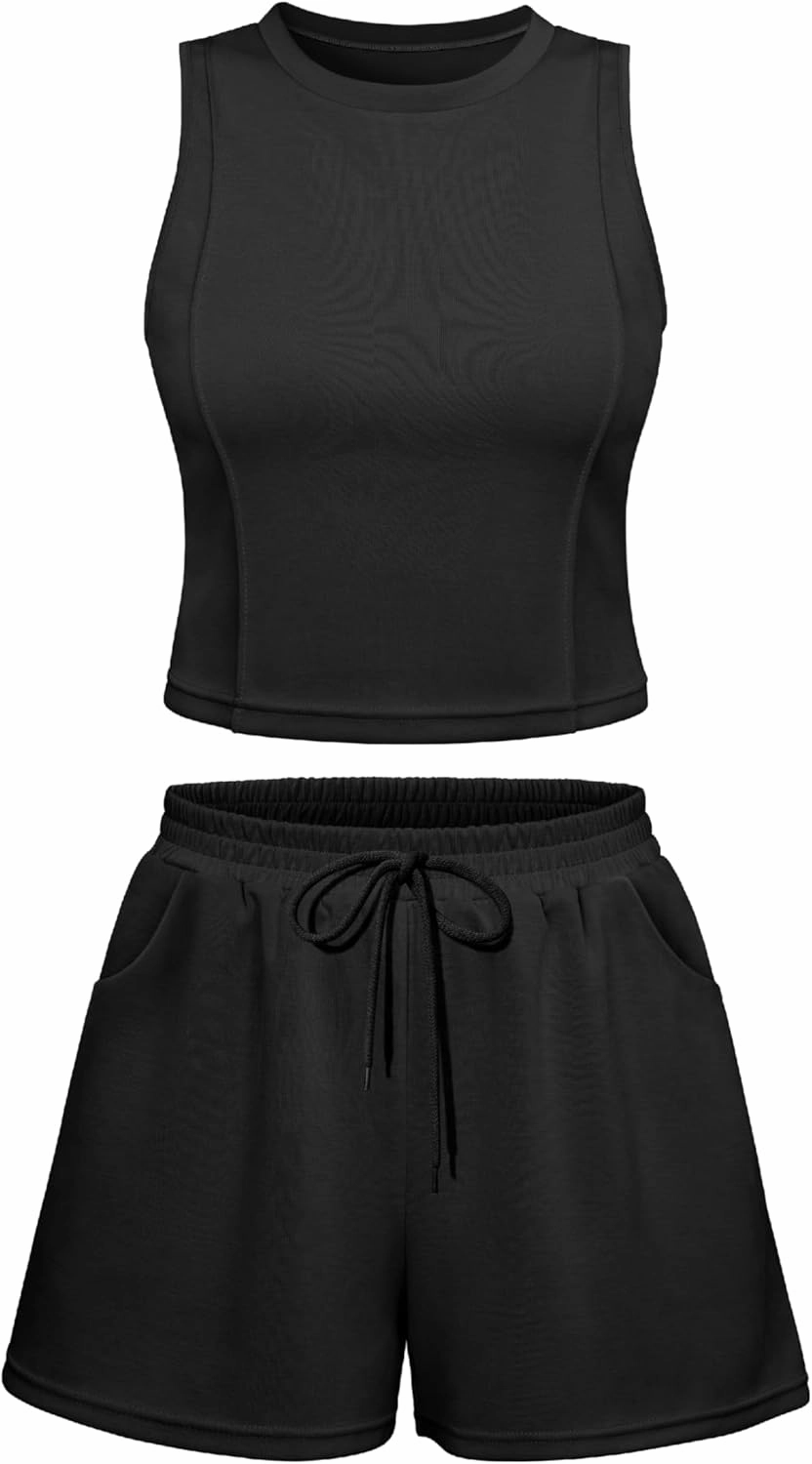 OQQ Two Piece Sets for Women Summer Outfits Lounge Sets Crew Neck Tops Wide Leg Shorts Vacation Travel