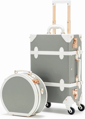 OTRUNKAGE Vintage Trunk 2 Piece Luggage Set TSA Lock Carry On Suitcase for Women with wheels, Light Grey