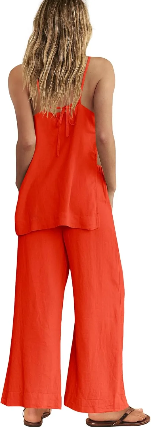 Panadila 2 Piece Linen Set Summer Travel Beach Vacation Outfit Sexy Spaghetti Strap Tank Top and Pants with Pockets