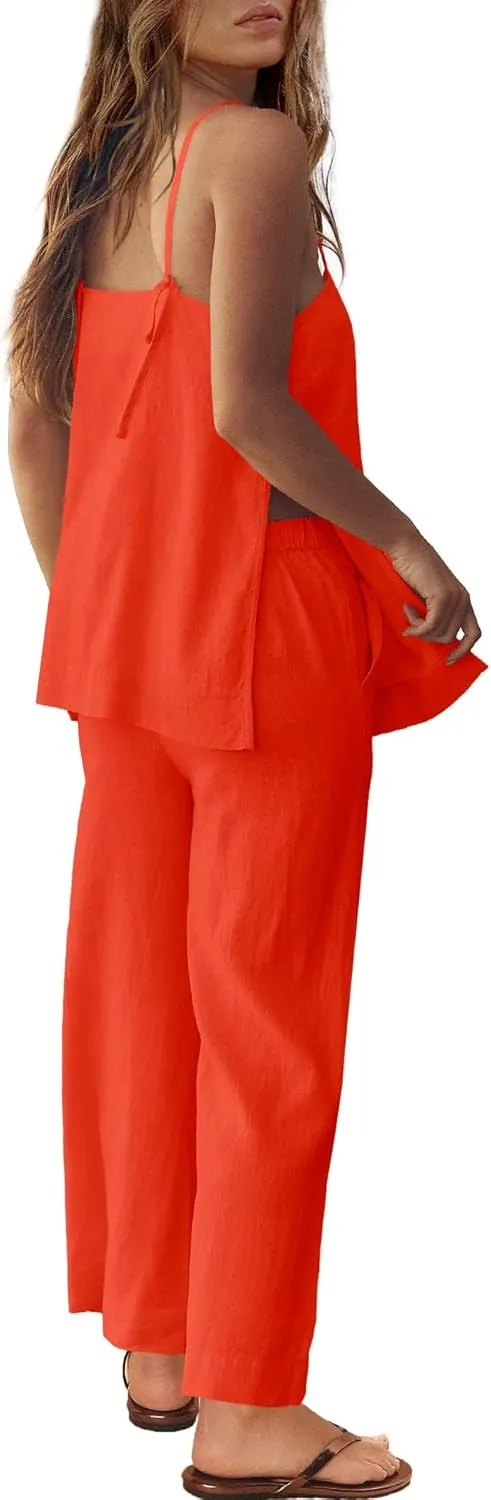 Panadila 2 Piece Linen Set Summer Travel Beach Vacation Outfit Sexy Spaghetti Strap Tank Top and Pants with Pockets