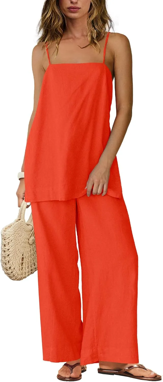 Panadila 2 Piece Linen Set Summer Travel Beach Vacation Outfit Sexy Spaghetti Strap Tank Top and Pants with Pockets