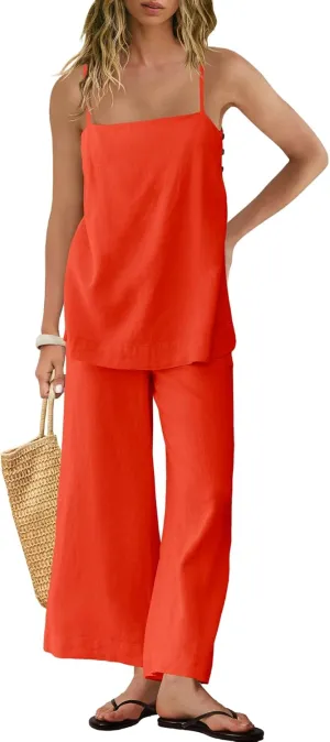 Panadila 2 Piece Linen Set Summer Travel Beach Vacation Outfit Sexy Spaghetti Strap Tank Top and Pants with Pockets