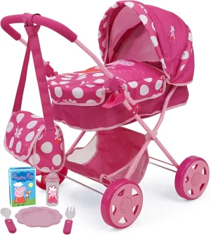 Peppa Pig: Baby Classic Doll Pram Set - Pink & White Dots - 7 Piece Set, Fits Dolls Up to 18", Retractable Canopy, Storage Basket, Diaper Bag & 5 Feeding Accessories, Pretend Play for Kids Ages 3 