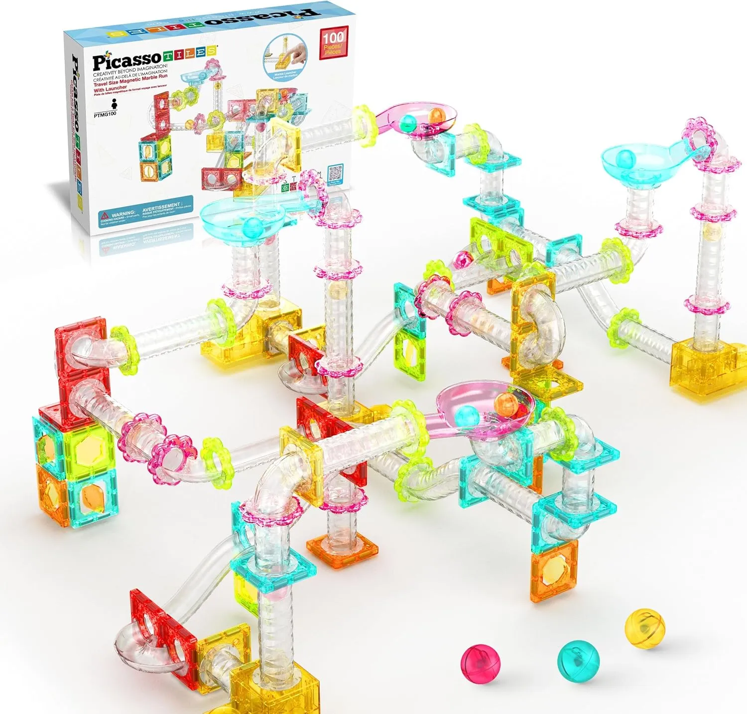 PicassoTiles 100 Piece Magnetic Marble Run Travel Size Sensory Toddlers Construction Toy Set Mini Diamond Magnet Tiles Marbles for Kids Race Track Building Blocks STEM Learning Kit Boy Girl 3  PTMG100