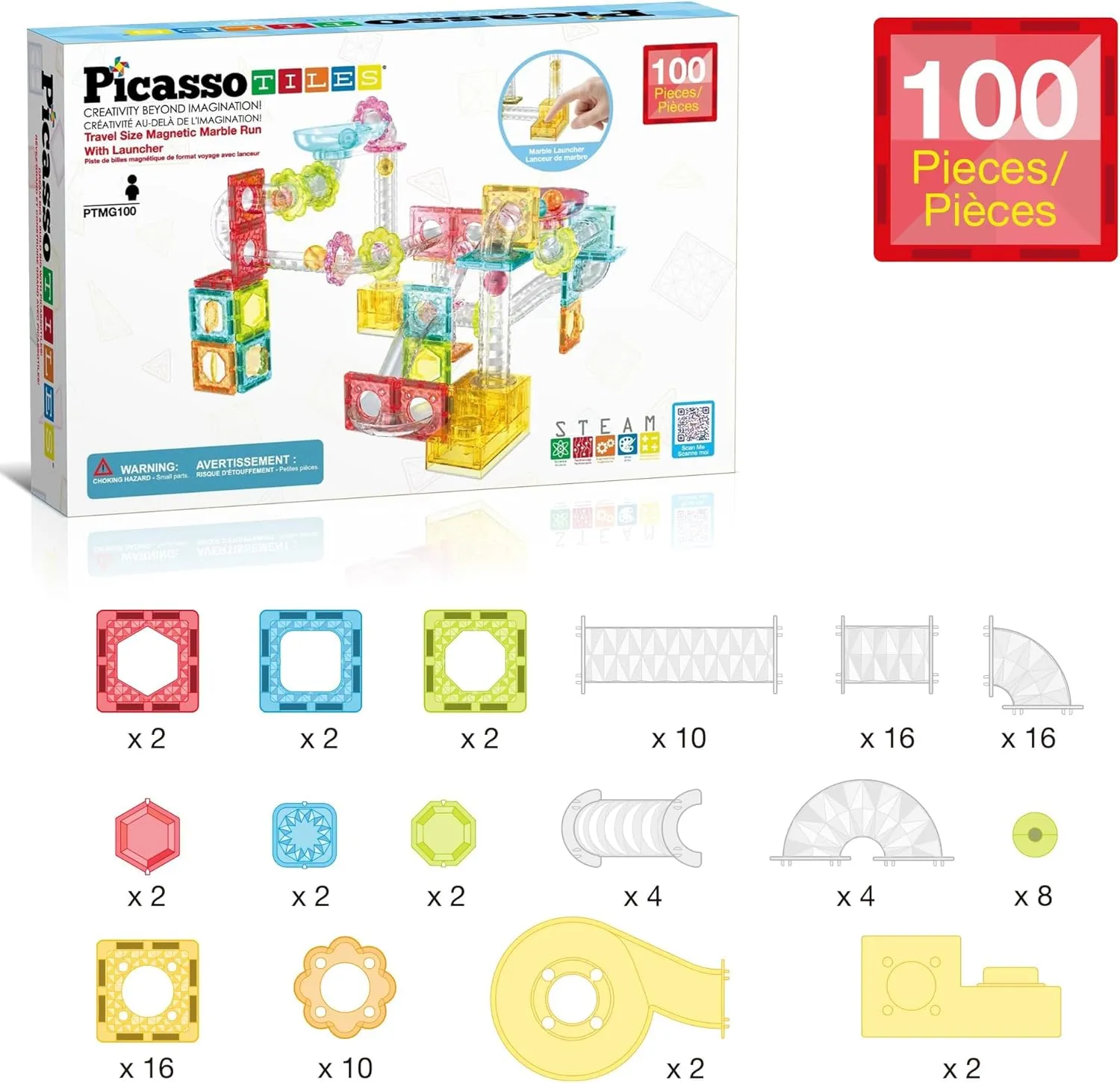 PicassoTiles 100 Piece Magnetic Marble Run Travel Size Sensory Toddlers Construction Toy Set Mini Diamond Magnet Tiles Marbles for Kids Race Track Building Blocks STEM Learning Kit Boy Girl 3  PTMG100