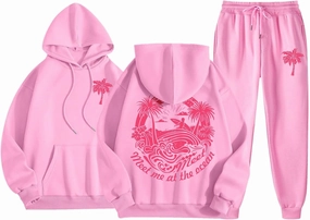 Pink Preppy Sweatsuits Women 2 Piece Outfit Graphic Pink Hoodie Jogger Pants Machting Lounge Sets Tracksuit 2024