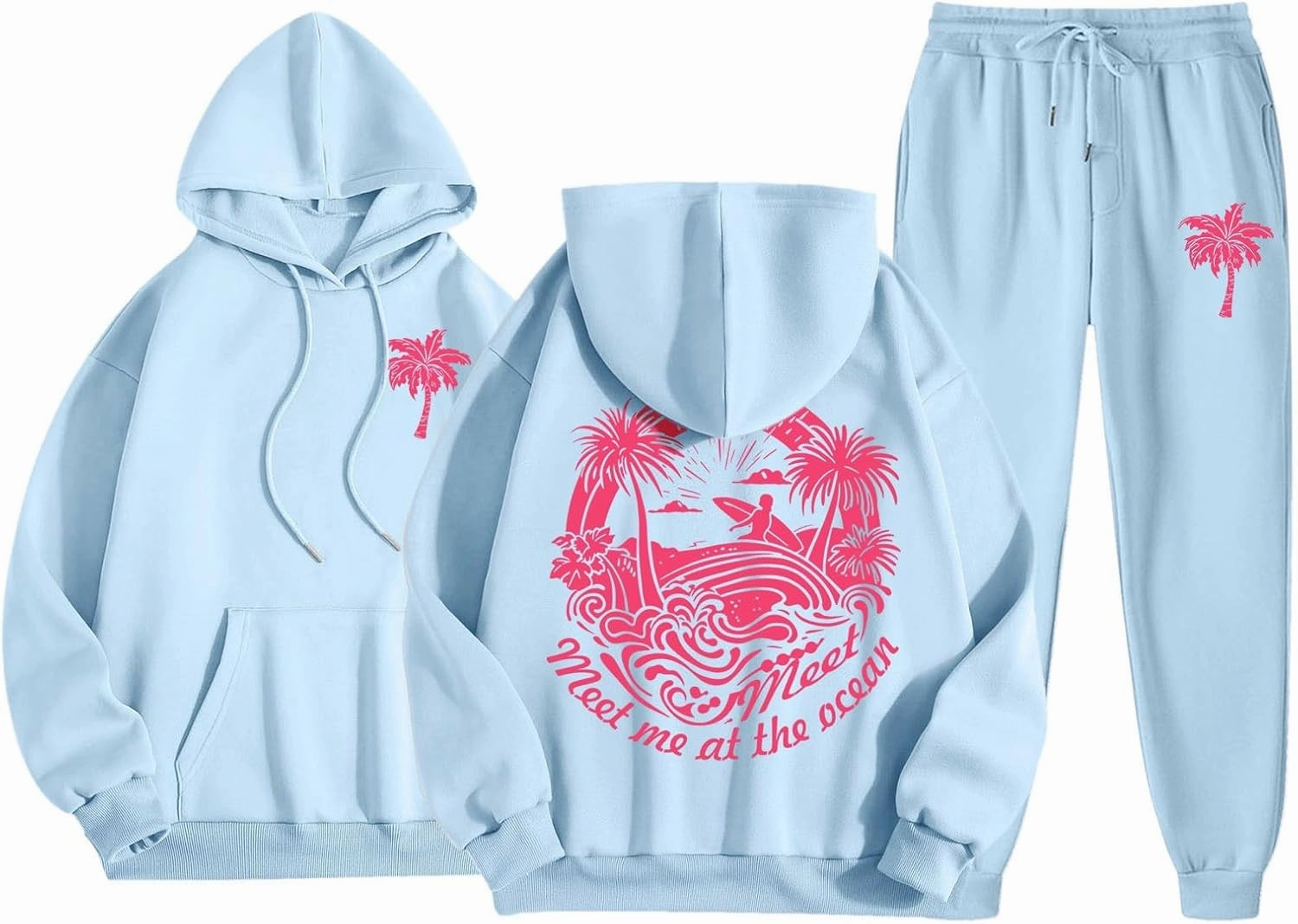 Pink Preppy Sweatsuits Women 2 Piece Outfit Graphic Pink Hoodie Jogger Pants Machting Lounge Sets Tracksuit 2024