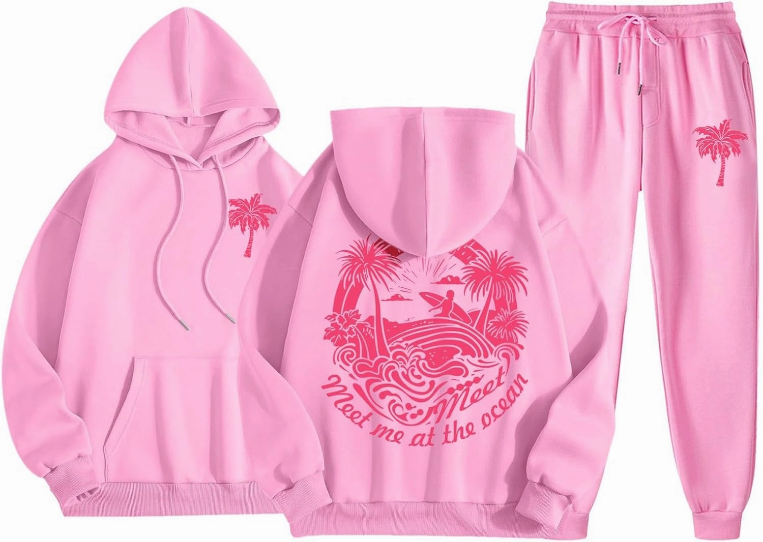 Pink Preppy Sweatsuits Women 2 Piece Outfit Graphic Pink Hoodie Jogger Pants Machting Lounge Sets Tracksuit 2024