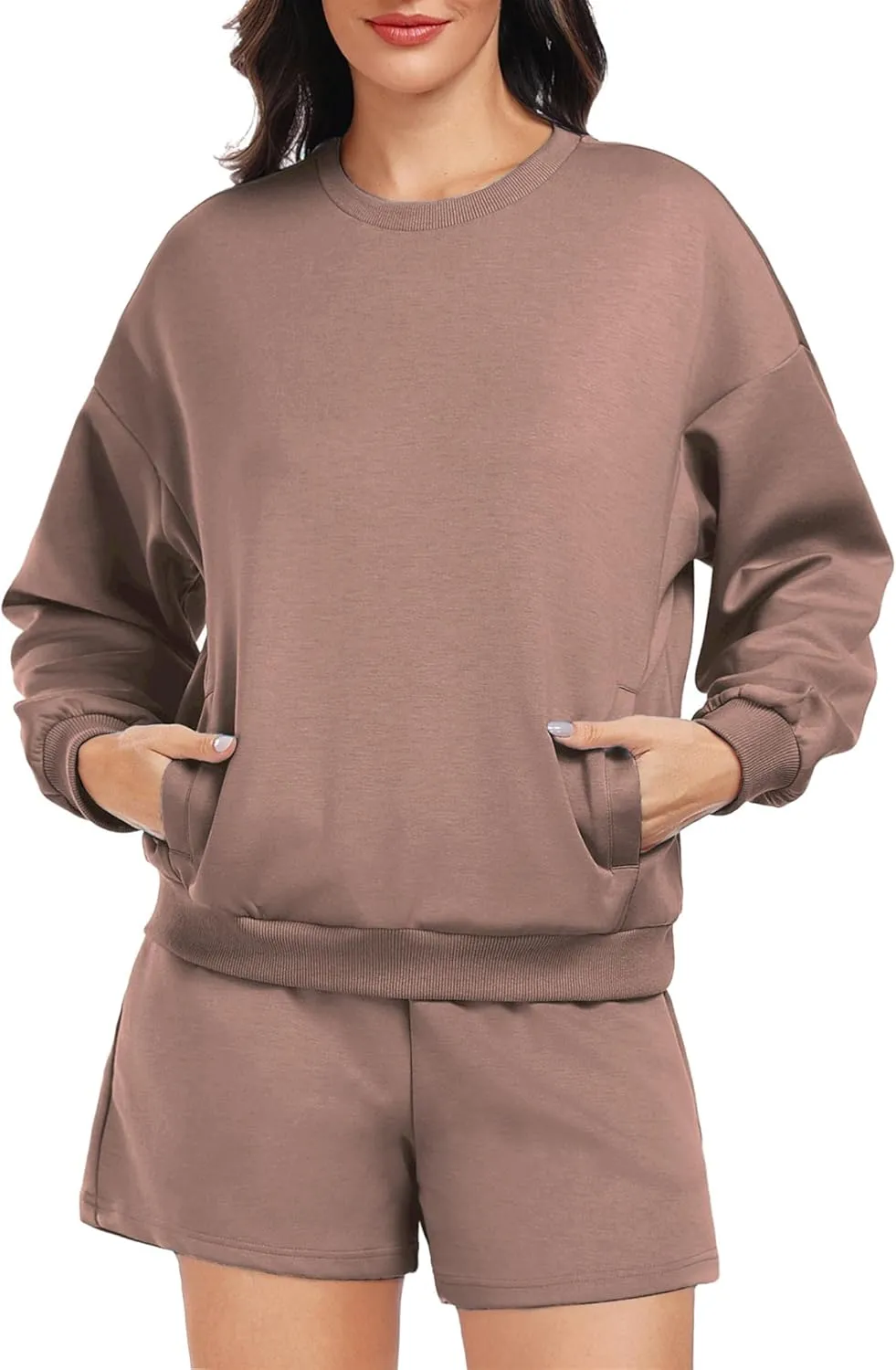 PINSPARK Two Piece Sets for Women 2024 Fall Outfits Sweatsuit 4 Pockets Sweat Short Sets Casual Matching Set Travel Tracksuit