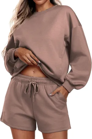 PINSPARK Two Piece Sets for Women 2024 Fall Outfits Sweatsuit 4 Pockets Sweat Short Sets Casual Matching Set Travel Tracksuit