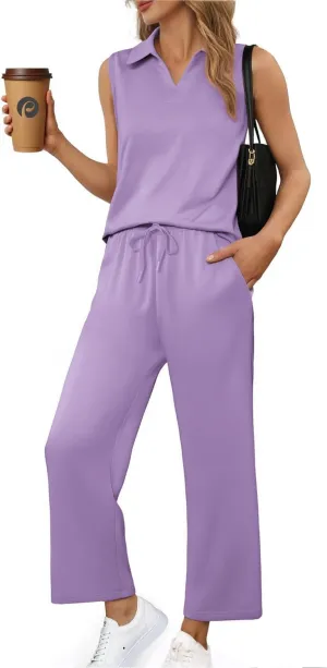 PINSPARK Two Piece Sets for Women Sleeveless Outfits Travel Tracksuit V Neck Top Wide Leg Pant Lounge Sets 2025 Summer