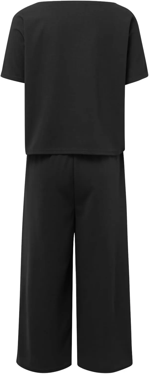 Plus Size Two Piece Sets for Women Casual 2 Piece Cotton Linen Sets Short Sleeve Top Wide Leg Pants Matching Set