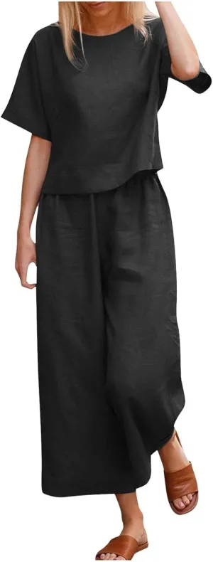 Plus Size Two Piece Sets for Women Casual 2 Piece Cotton Linen Sets Short Sleeve Top Wide Leg Pants Matching Set
