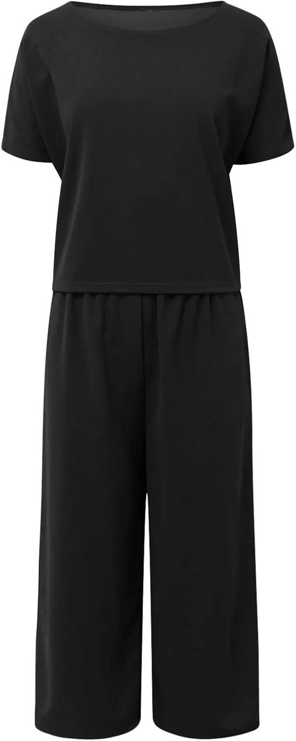 Plus Size Two Piece Sets for Women Casual 2 Piece Cotton Linen Sets Short Sleeve Top Wide Leg Pants Matching Set