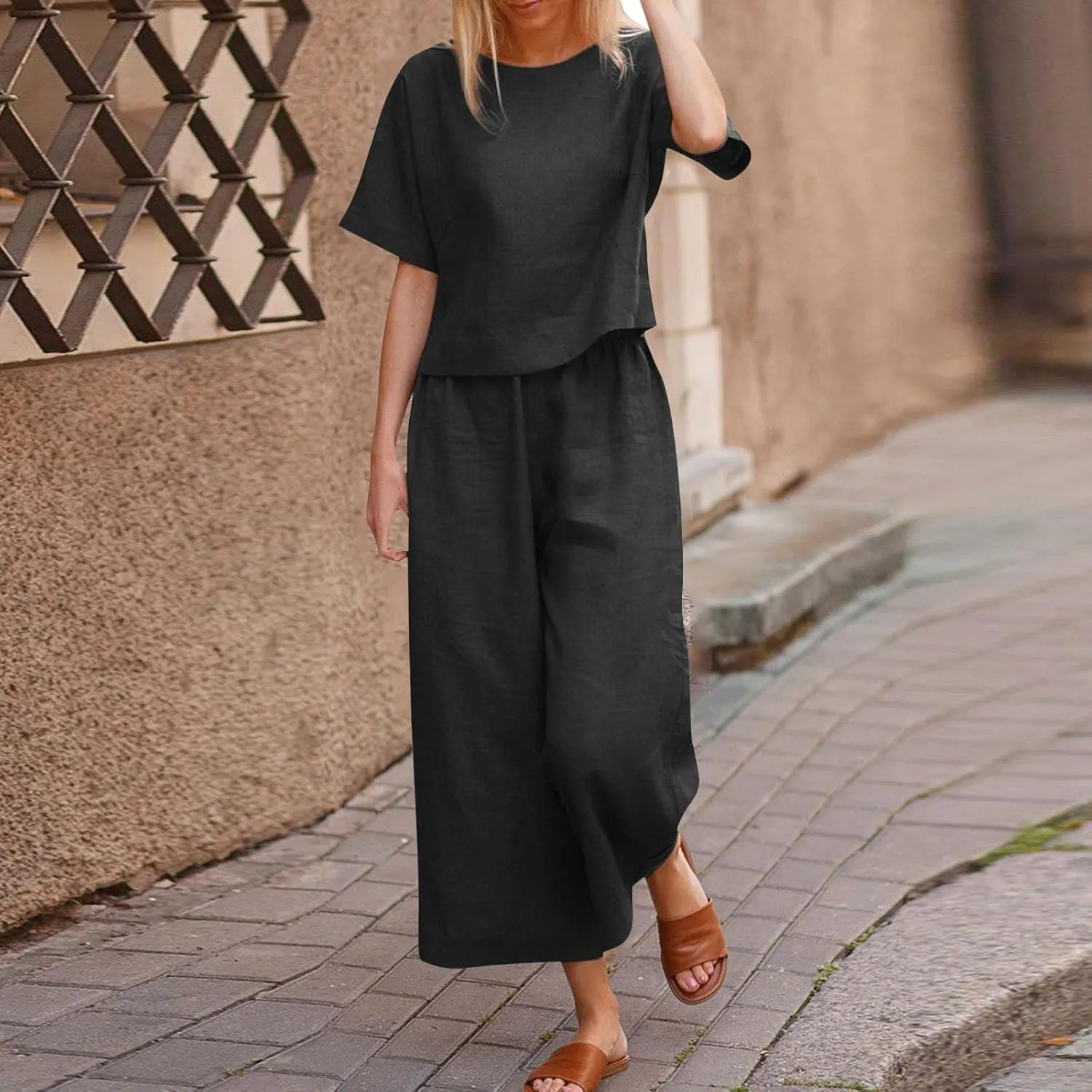 Plus Size Two Piece Sets for Women Casual 2 Piece Cotton Linen Sets Short Sleeve Top Wide Leg Pants Matching Set