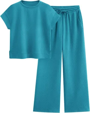 PRETTYGARDEN 2 Piece Outfits For Women Casual Tracksuit Short Sleeve Tops And Wide Leg Long Pants Matching Lounge Sets