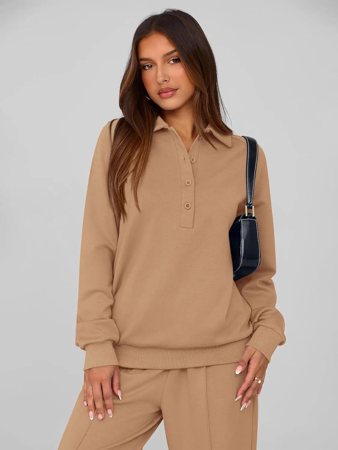 PRETTYGARDEN Women Fall 2 Piece Outfits Sweatsuits Quarter Button Long Sleeve Sweatshirt Wide Leg Pants Tracksuit Lounge Sets