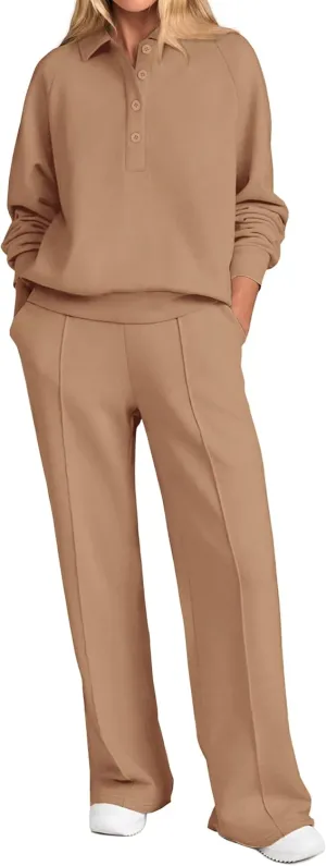 PRETTYGARDEN Women Fall 2 Piece Outfits Sweatsuits Quarter Button Long Sleeve Sweatshirt Wide Leg Pants Tracksuit Lounge Sets