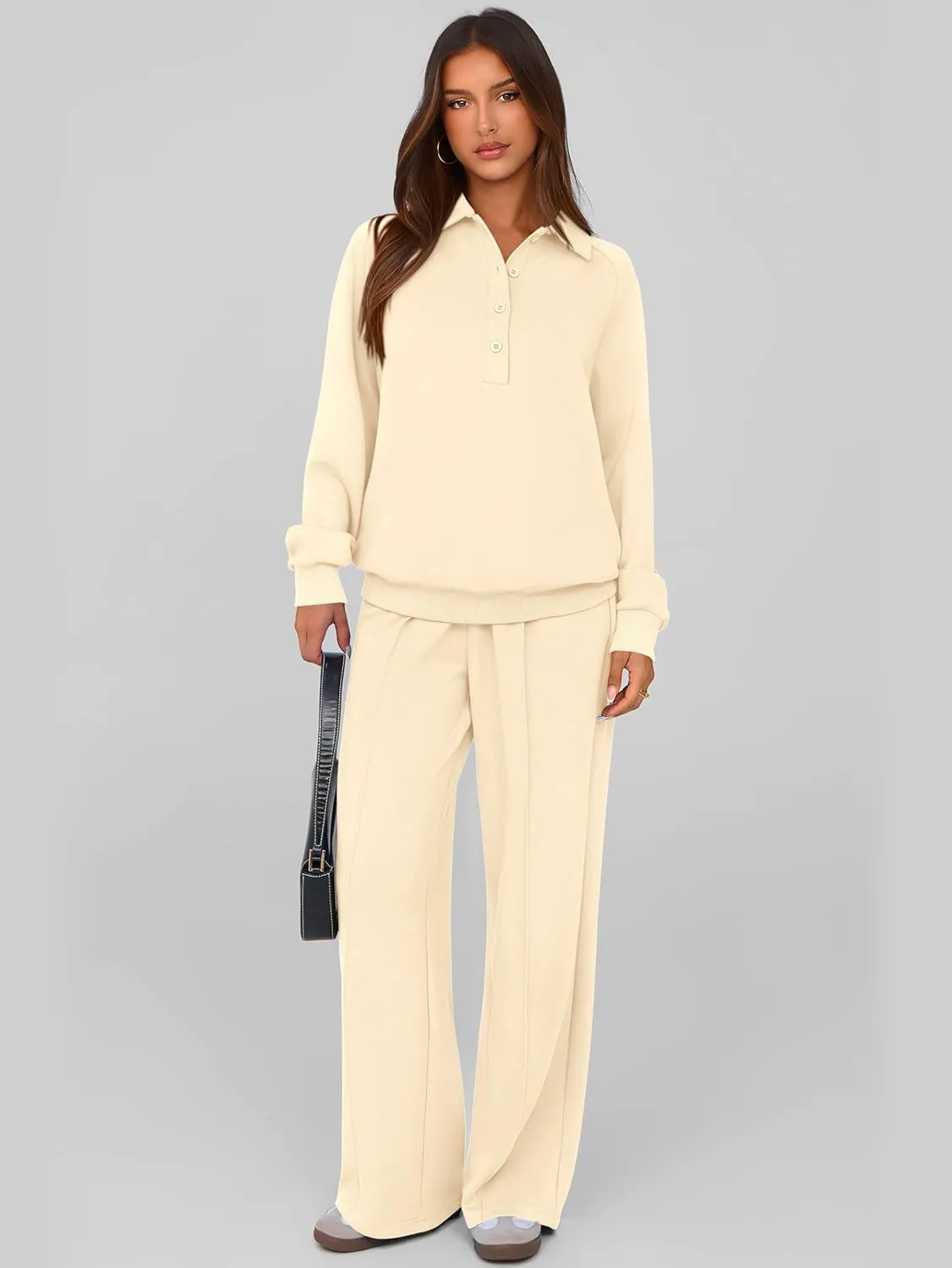 PRETTYGARDEN Women Fall 2 Piece Outfits Sweatsuits Quarter Button Long Sleeve Sweatshirt Wide Leg Pants Tracksuit Lounge Sets
