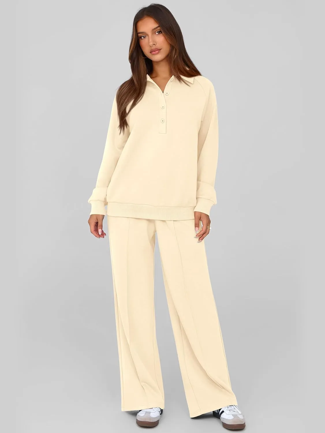 PRETTYGARDEN Women Fall 2 Piece Outfits Sweatsuits Quarter Button Long Sleeve Sweatshirt Wide Leg Pants Tracksuit Lounge Sets