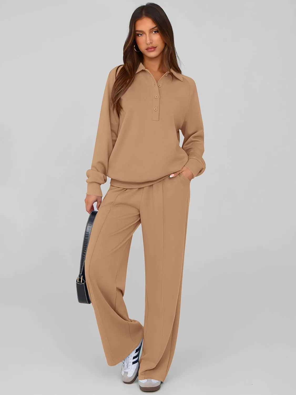 PRETTYGARDEN Women Fall 2 Piece Outfits Sweatsuits Quarter Button Long Sleeve Sweatshirt Wide Leg Pants Tracksuit Lounge Sets
