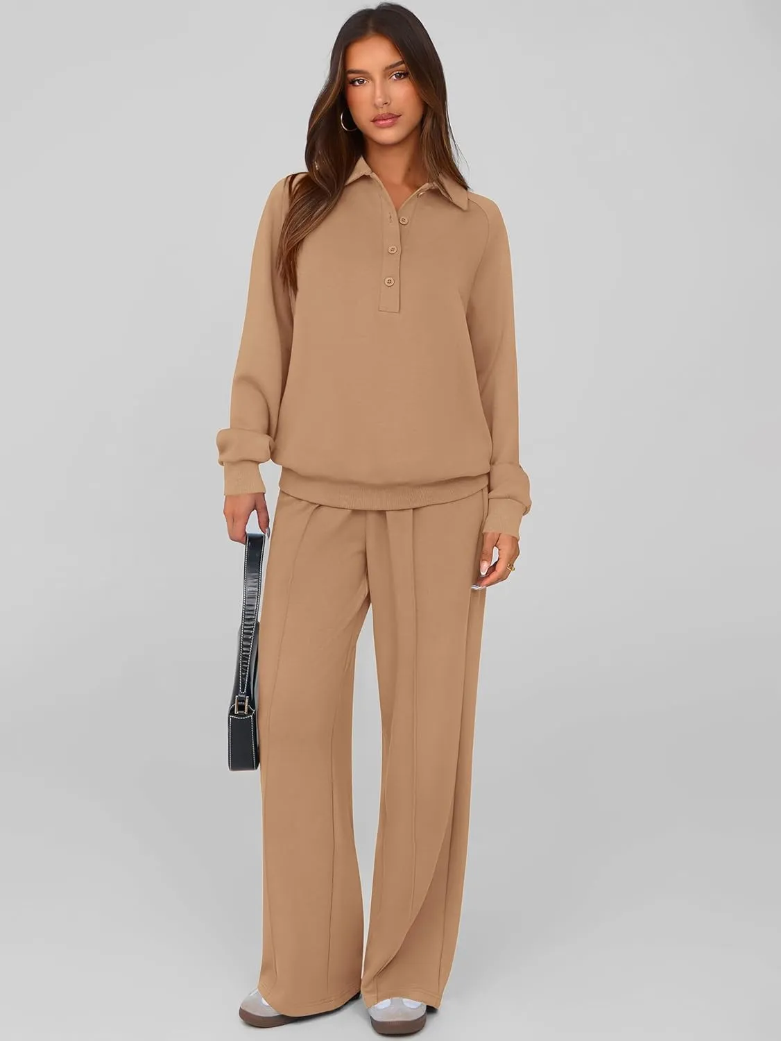 PRETTYGARDEN Women Fall 2 Piece Outfits Sweatsuits Quarter Button Long Sleeve Sweatshirt Wide Leg Pants Tracksuit Lounge Sets
