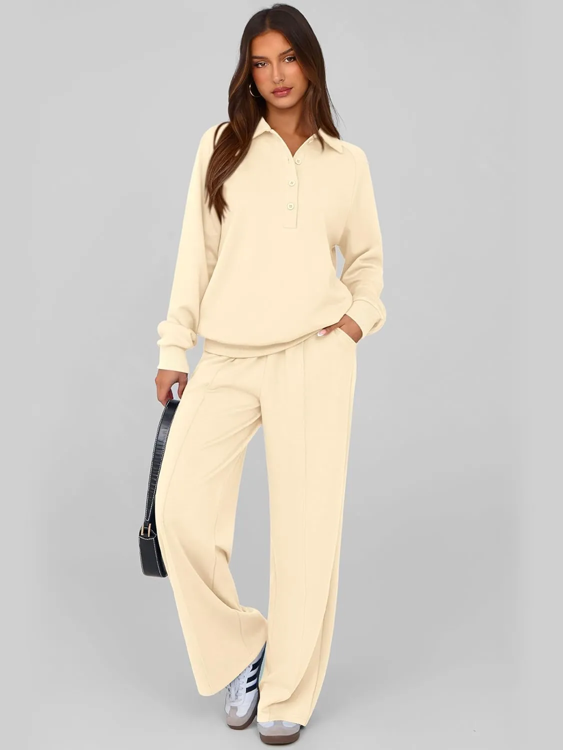 PRETTYGARDEN Women Fall 2 Piece Outfits Sweatsuits Quarter Button Long Sleeve Sweatshirt Wide Leg Pants Tracksuit Lounge Sets