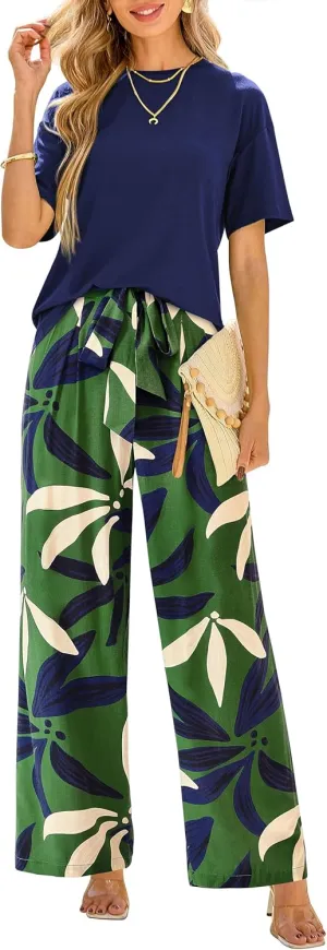 PRETTYGARDEN Women Summer 2 Piece Outfits 2025 Short Sleeve Knit Top Floral Print Belted Wide Leg Pant Sets With Pockets