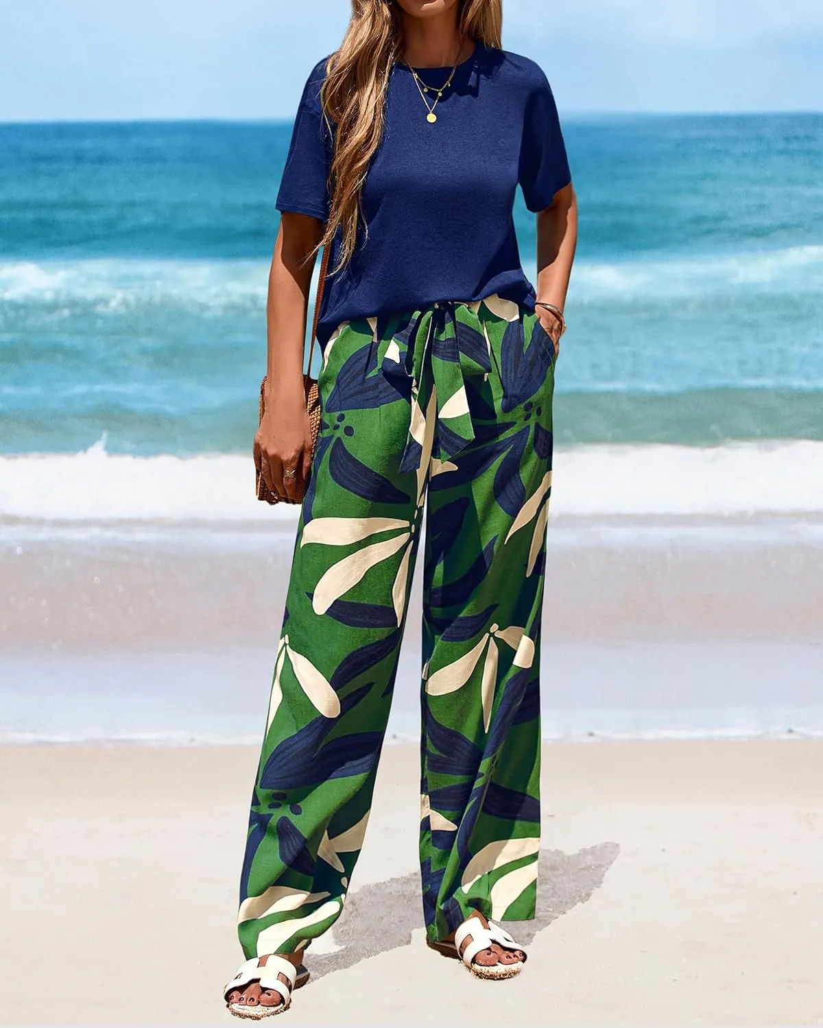 PRETTYGARDEN Women Summer 2 Piece Outfits 2025 Short Sleeve Knit Top Floral Print Belted Wide Leg Pant Sets With Pockets