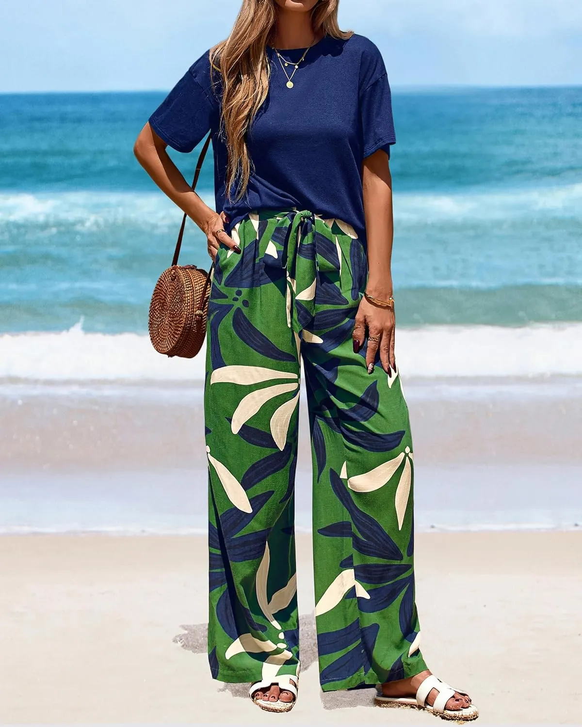 PRETTYGARDEN Women Summer 2 Piece Outfits 2025 Short Sleeve Knit Top Floral Print Belted Wide Leg Pant Sets With Pockets