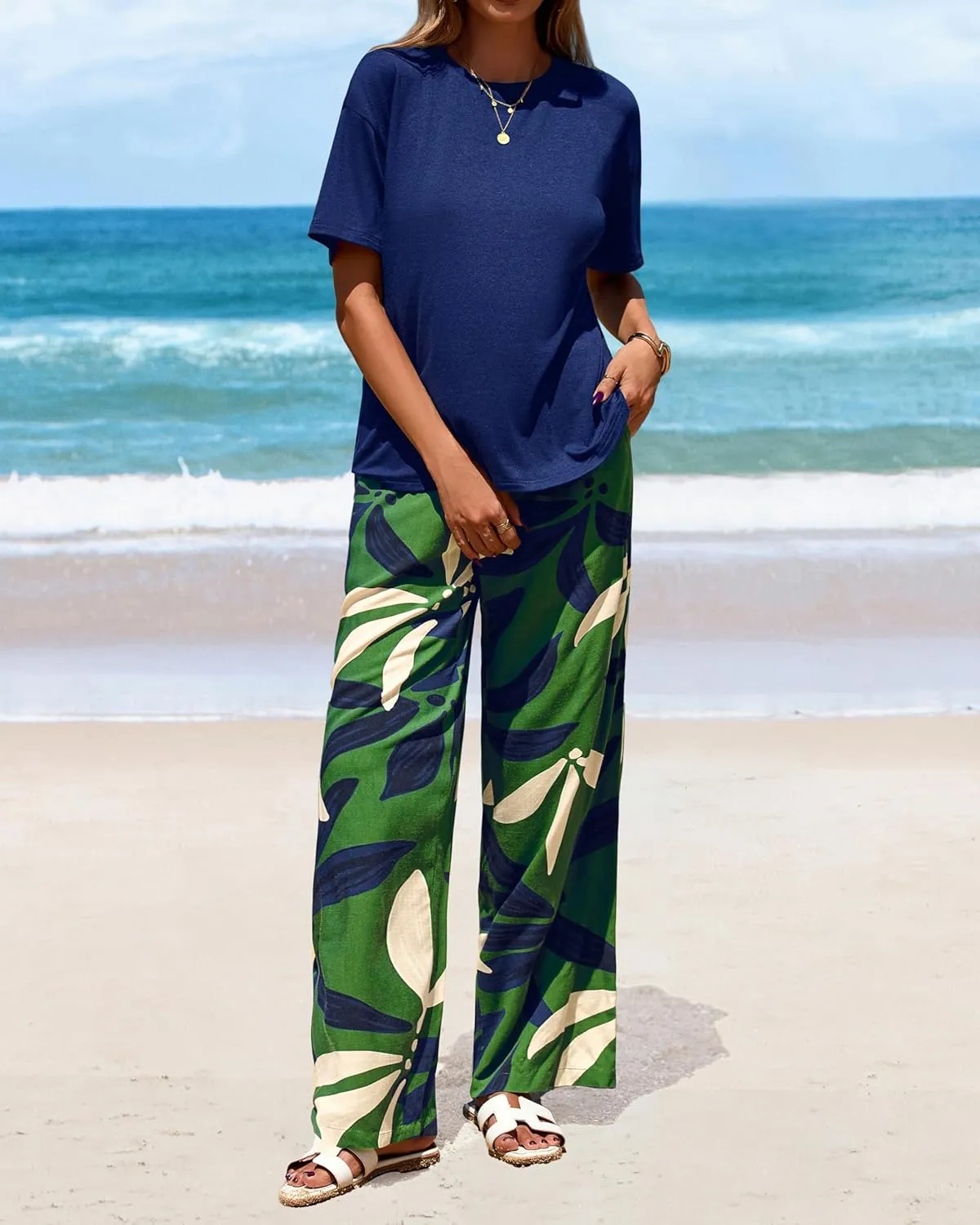 PRETTYGARDEN Women Summer 2 Piece Outfits 2025 Short Sleeve Knit Top Floral Print Belted Wide Leg Pant Sets With Pockets
