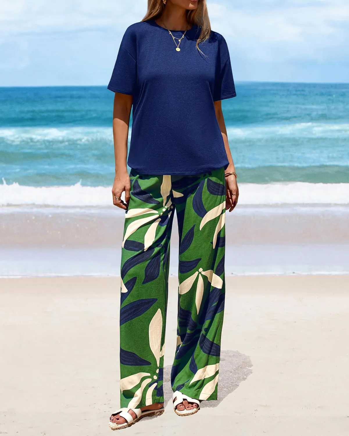 PRETTYGARDEN Women Summer 2 Piece Outfits 2025 Short Sleeve Knit Top Floral Print Belted Wide Leg Pant Sets With Pockets