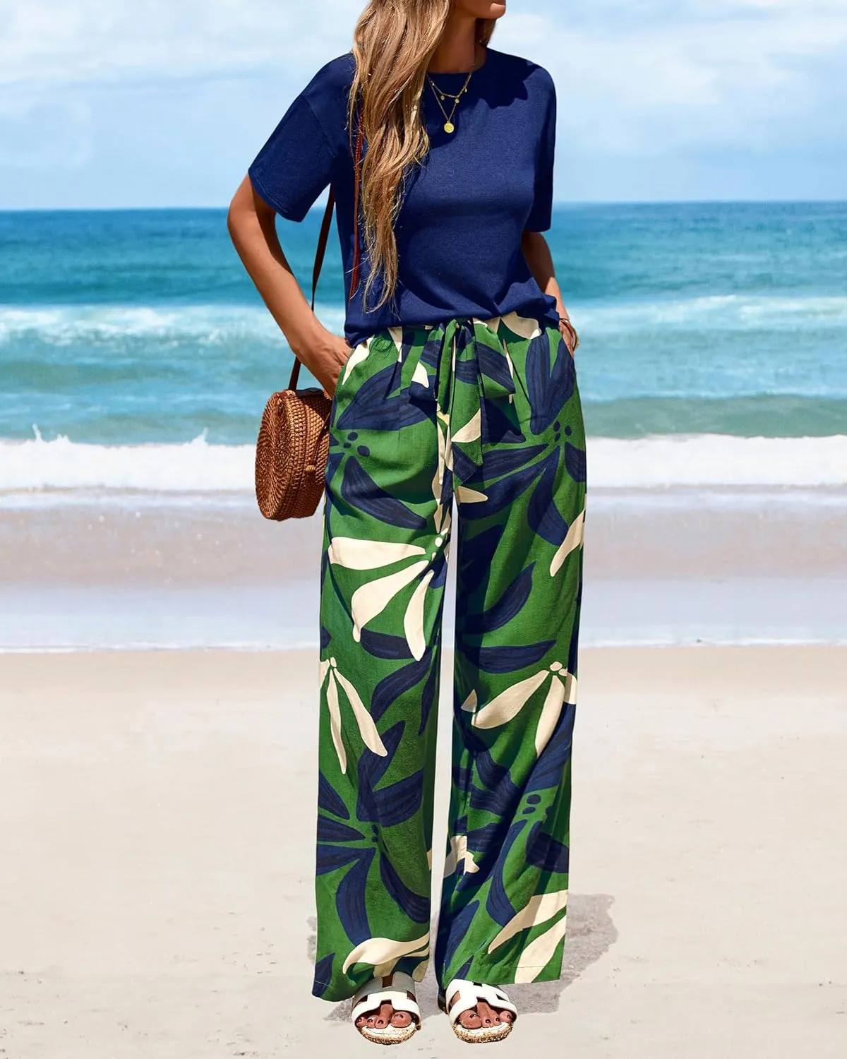 PRETTYGARDEN Women Summer 2 Piece Outfits 2025 Short Sleeve Knit Top Floral Print Belted Wide Leg Pant Sets With Pockets