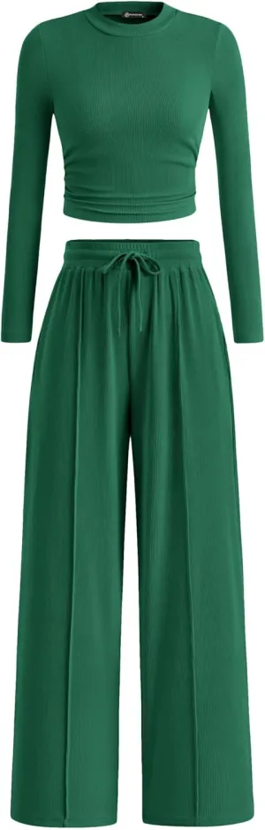 PRETTYGARDEN Women's 2 Piece Loungewear Long Sleeve Crop Top Wide Leg Palazzo Pants Set Tracksuits Casual Outfit