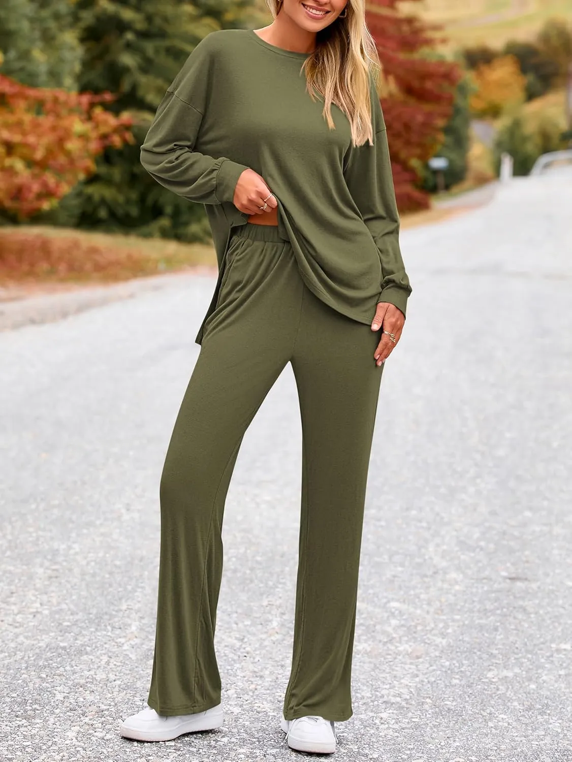 PRETTYGARDEN Womens 2 Piece Outfits Crewneck Long Sleeve Tops Wide Leg Long Pants Casual Lounge Set Tracksuit