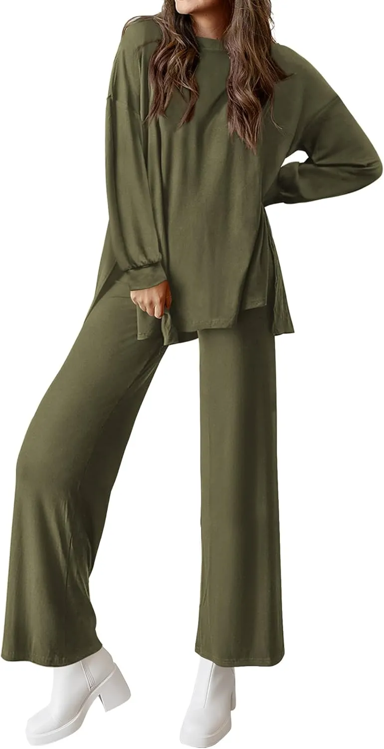 PRETTYGARDEN Womens 2 Piece Outfits Crewneck Long Sleeve Tops Wide Leg Long Pants Casual Lounge Set Tracksuit