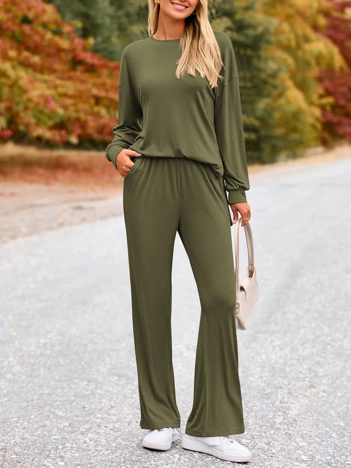 PRETTYGARDEN Womens 2 Piece Outfits Crewneck Long Sleeve Tops Wide Leg Long Pants Casual Lounge Set Tracksuit