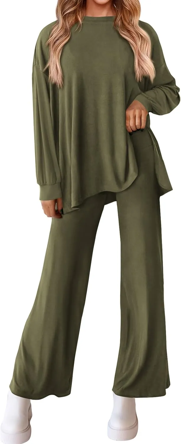 PRETTYGARDEN Womens 2 Piece Outfits Crewneck Long Sleeve Tops Wide Leg Long Pants Casual Lounge Set Tracksuit